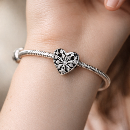 Heart Snowflake Sparkle Bead - Heart Snowflake Sparkle Charm — worn on wrist