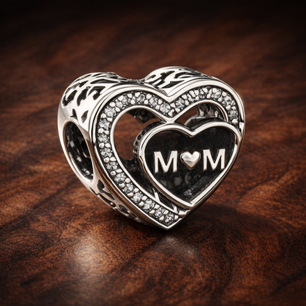 Mom Heart Charm - Mom Heart Message Charm — display on walnut