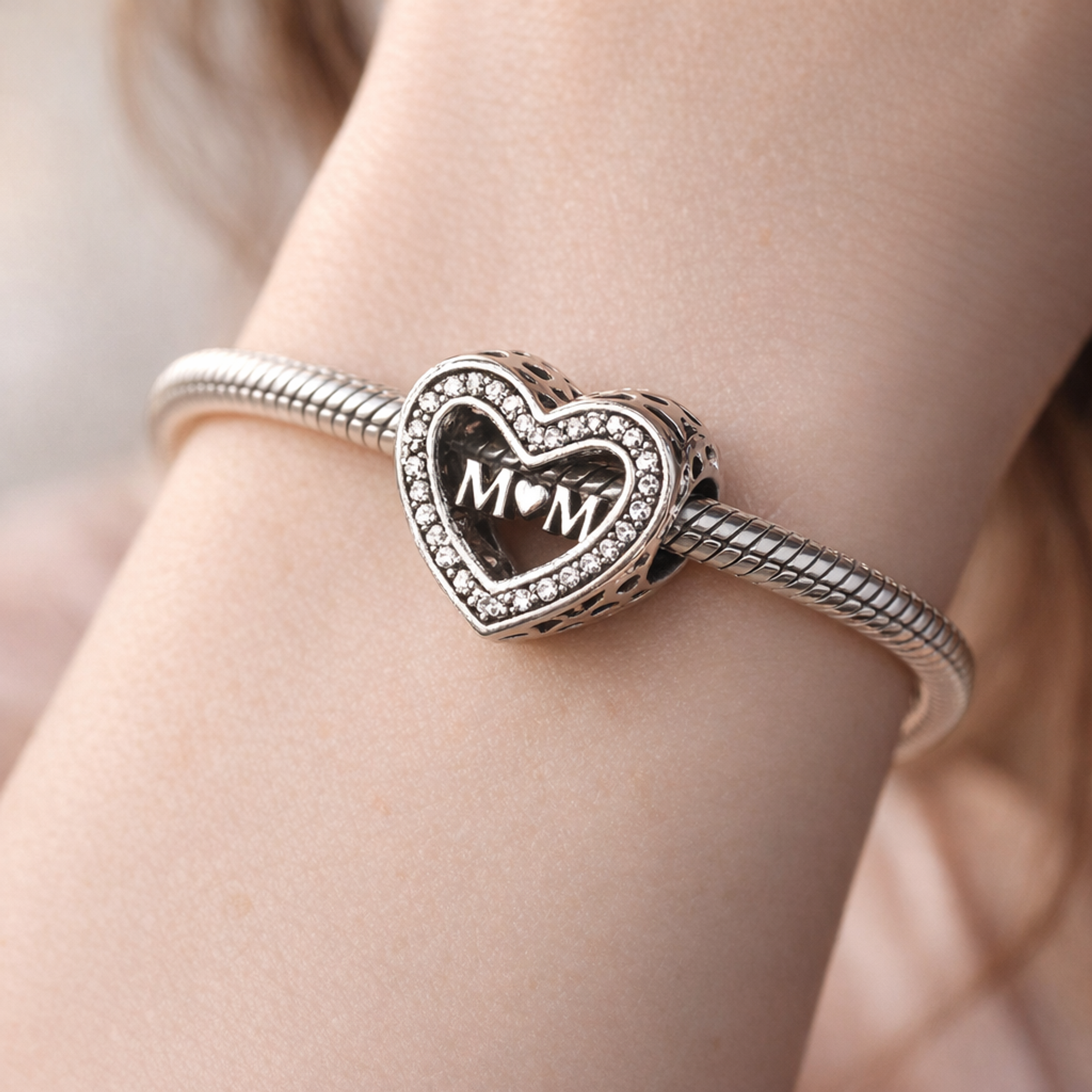 Mom Heart Charm - Mom Heart Message Charm — worn on wrist