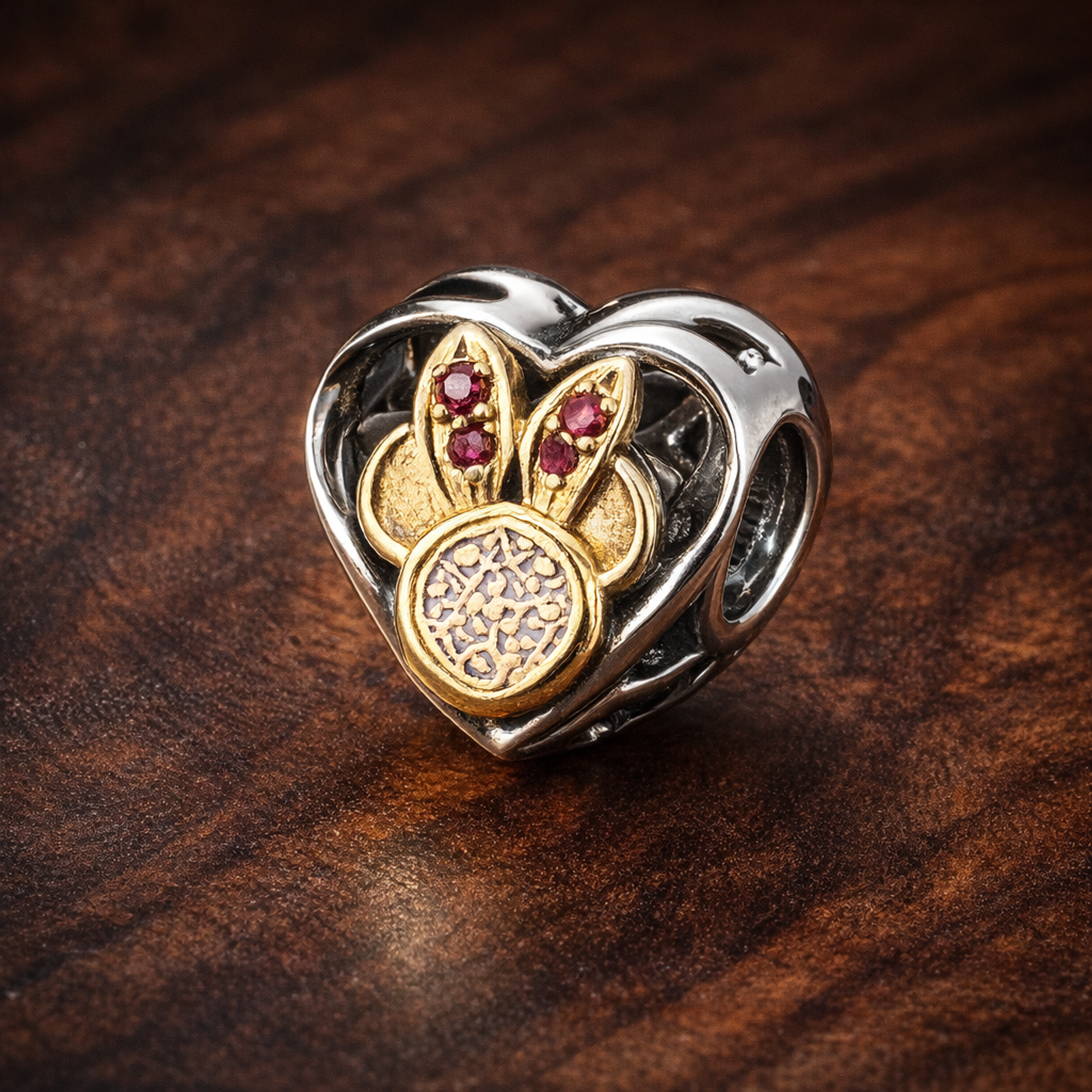 Disney Heart Silhouette Charm - Mickey and Minnie Heart Charm — display on walnut