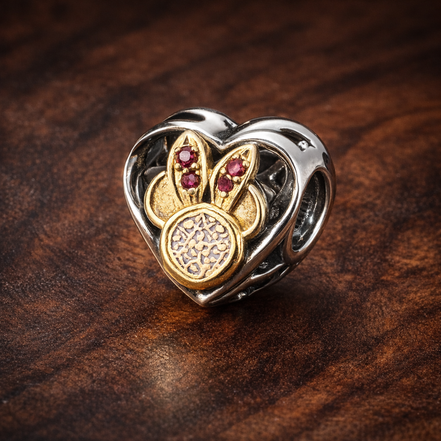 Disney Heart Silhouette Charm - Mickey and Minnie Heart Charm — display on walnut