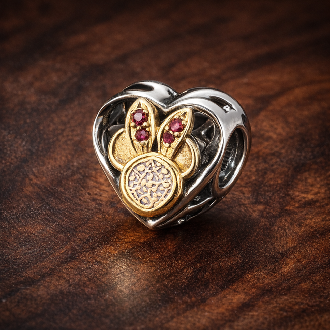 Disney Heart Silhouette Charm - Mickey and Minnie Heart Charm — display on walnut