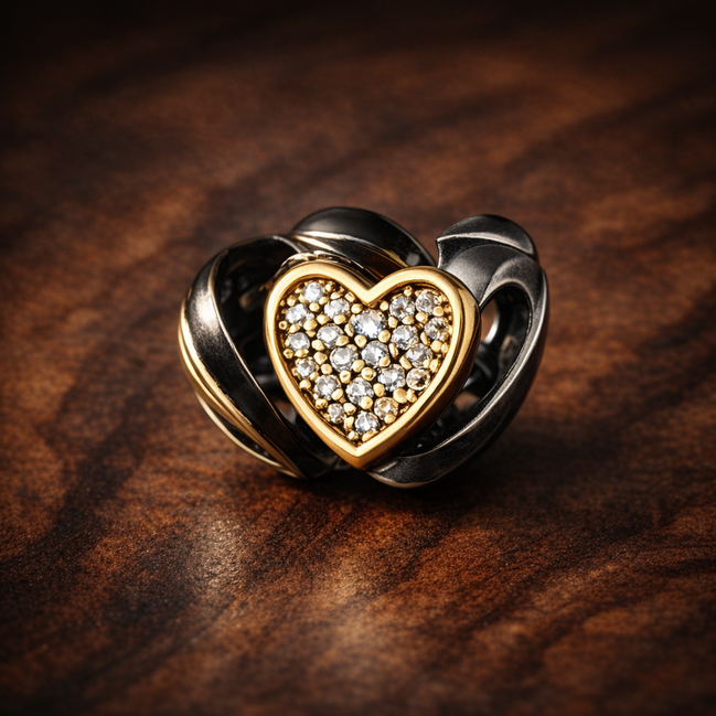 Gold Plated Heart Mickey Charm - Gold Plated Mickey Heart Sparkle Charm — display on walnut