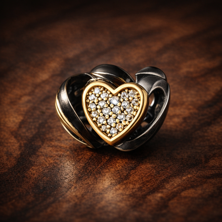 Gold Plated Heart Mickey Charm - Gold Plated Mickey Heart Sparkle Charm — display on walnut