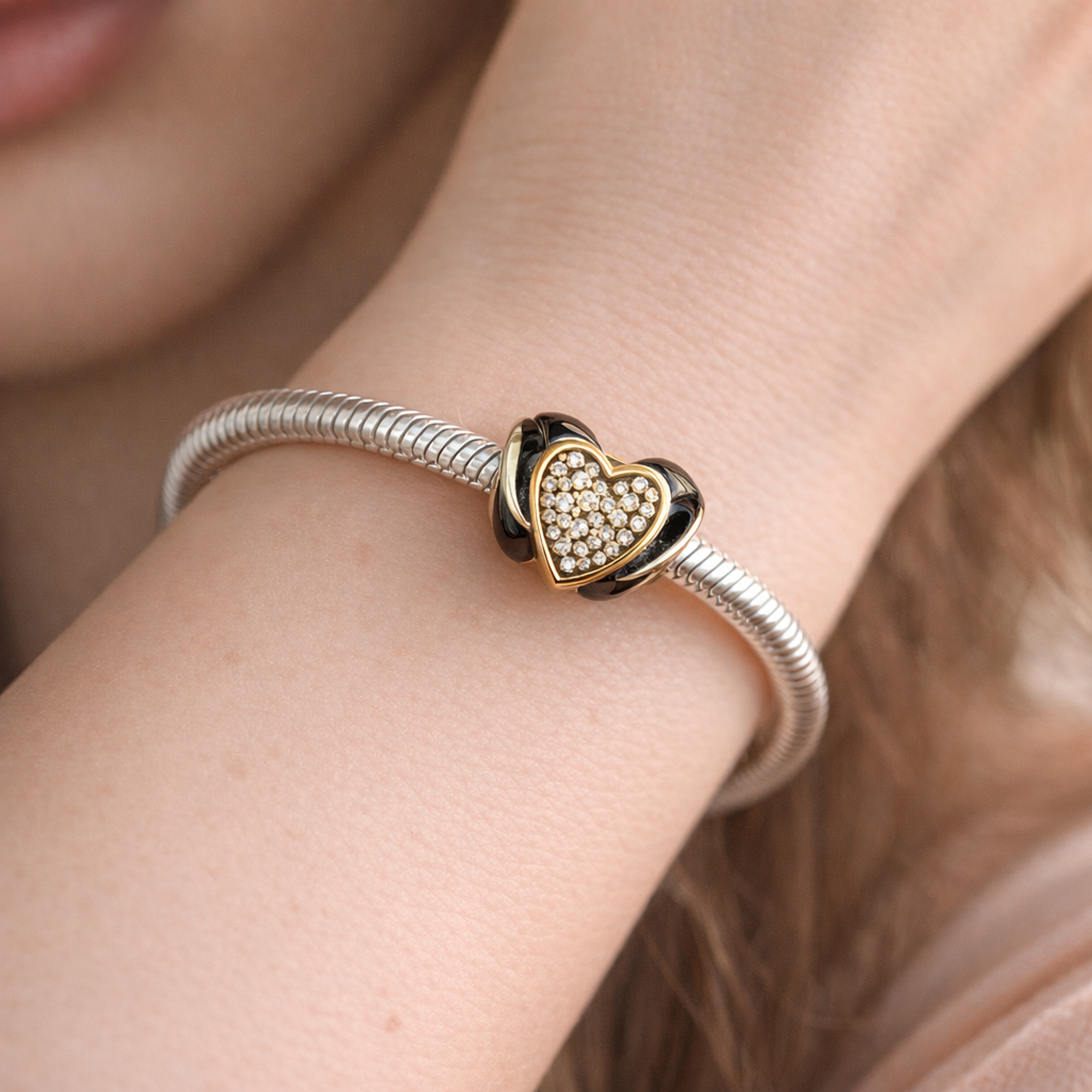 Gold Plated Heart Mickey Charm - Gold Plated Mickey Heart Sparkle Charm — worn on wrist