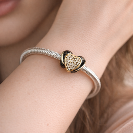 Gold Plated Heart Mickey Charm - Gold Plated Mickey Heart Sparkle Charm — worn on wrist