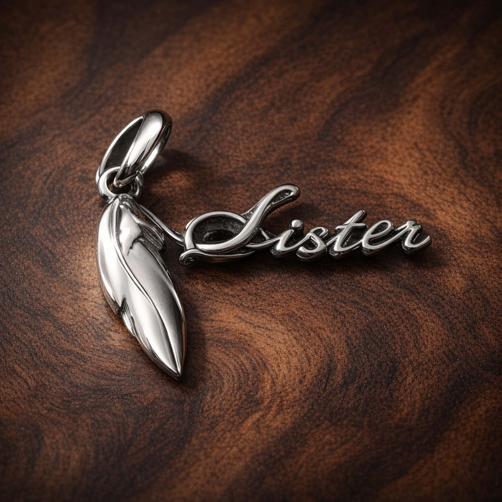 Sister Heart Charm — display on walnut