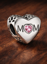 Mom Pink Heart Charm - Mom Heart with Pink Stone Charm — display on walnut