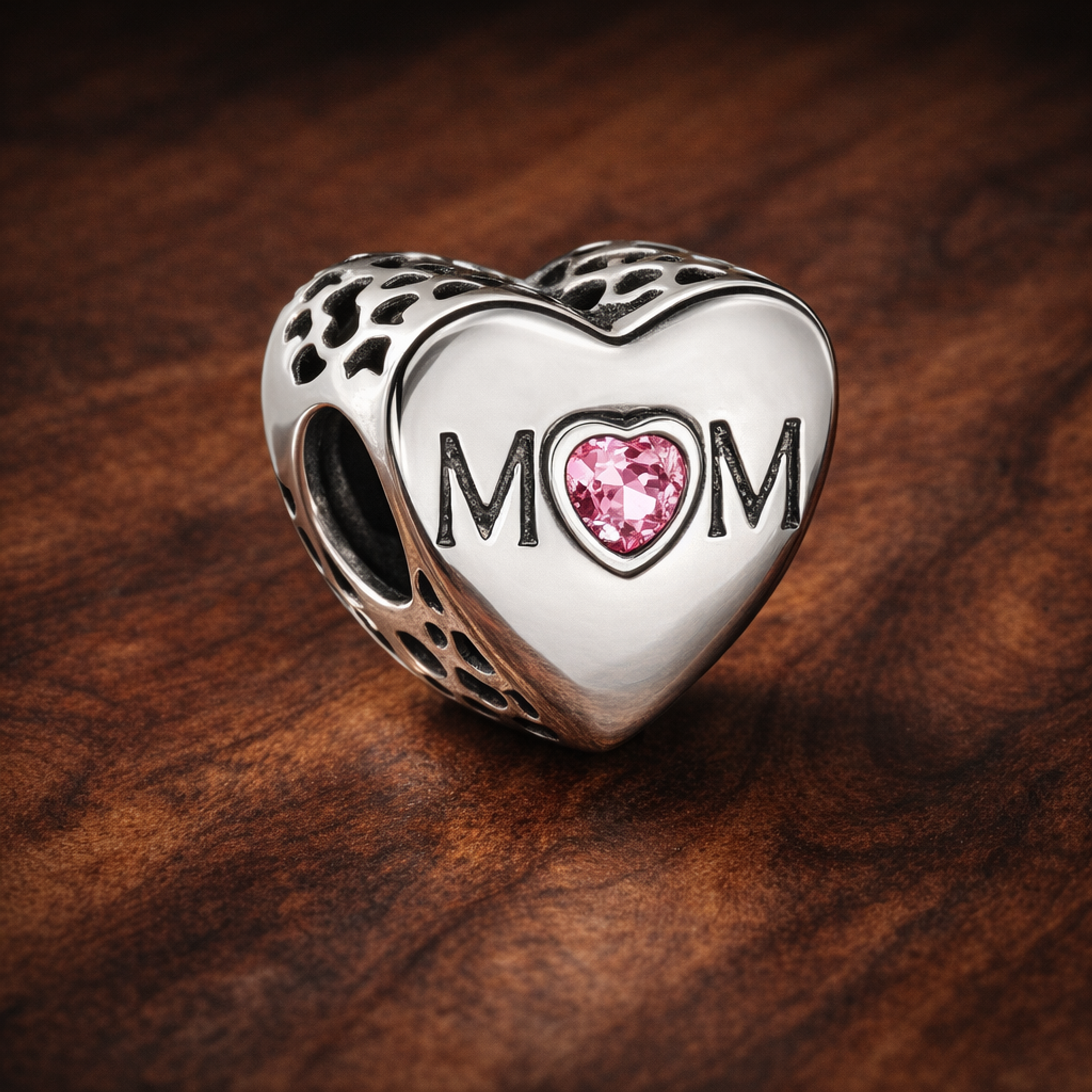 Mom Pink Heart Charm - Mom Heart with Pink Stone Charm — display on walnut