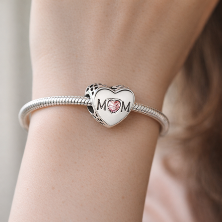 Mom Pink Heart Charm - Mom Heart with Pink Stone Charm — worn on wrist
