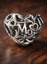 Silver Love Heart Bead - Silver Love Script Heart Charm — display on walnut