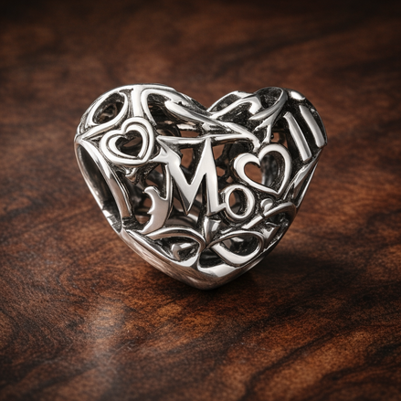Silver Love Heart Bead - Silver Love Script Heart Charm — display on walnut