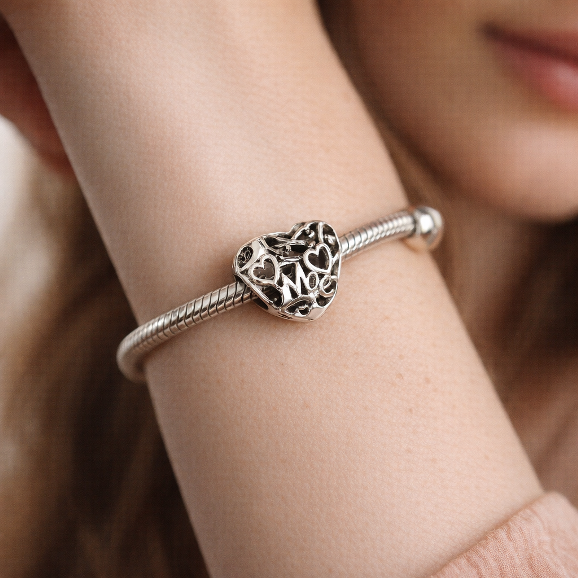 Silver Love Heart Bead - Silver Love Script Heart Charm — worn on wrist