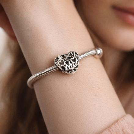 Silver Love Heart Bead - Silver Love Script Heart Charm — worn on wrist