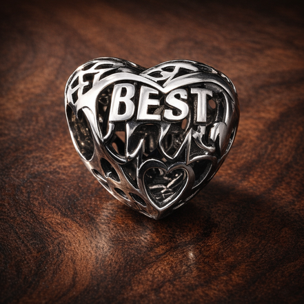 Best Mum Heart Charm - Best Mum Heart Message Charm — display on walnut