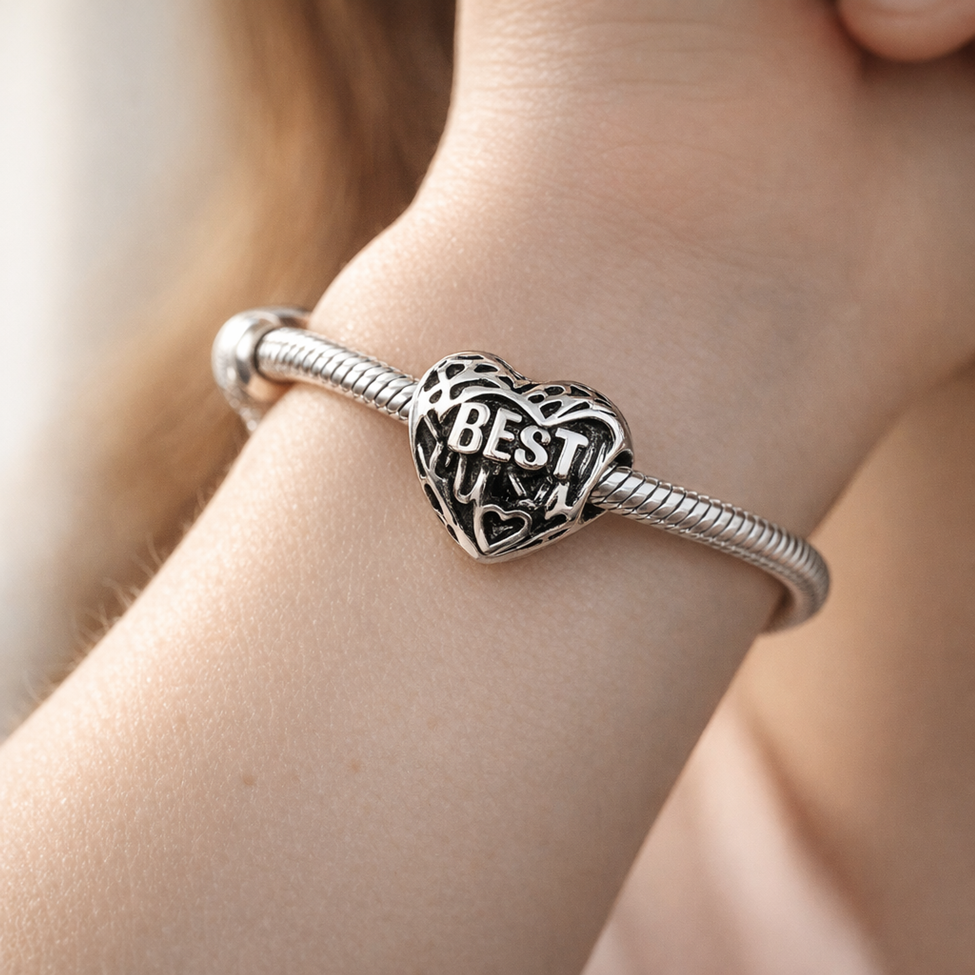 Best Mum Heart Charm - Best Mum Heart Message Charm — worn on wrist