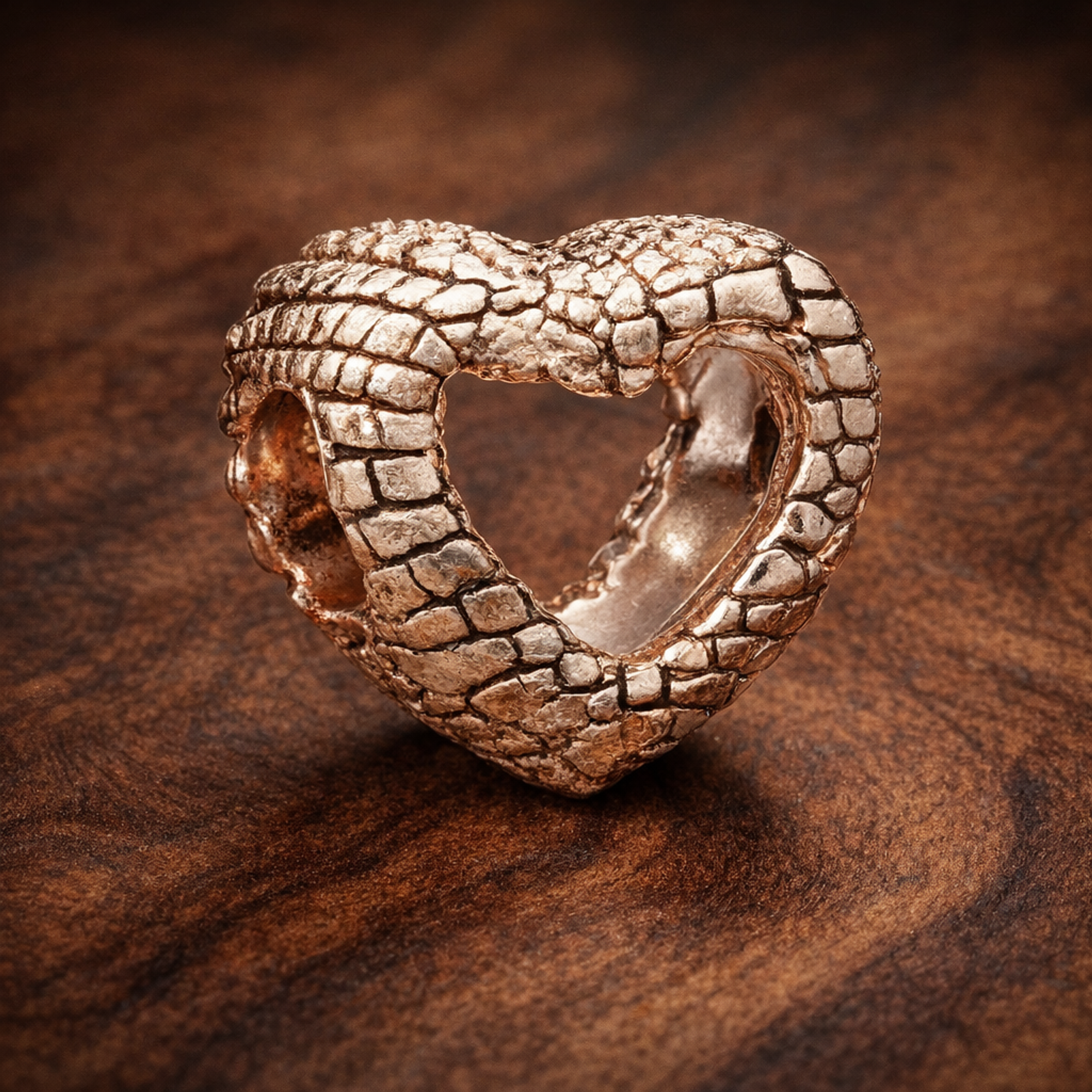 Rose Gold Plated Open Heart Charm - Rose Gold Plated Textured Open Heart Charm — display on walnut