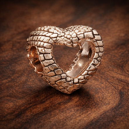 Rose Gold Plated Open Heart Charm - Rose Gold Plated Textured Open Heart Charm — display on walnut