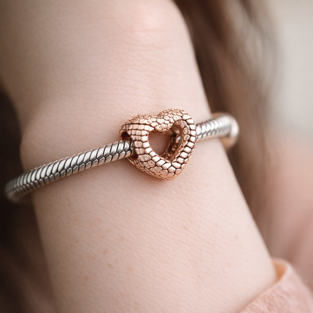 Rose Gold Plated Open Heart Charm - Rose Gold Plated Textured Open Heart Charm — worn on wrist