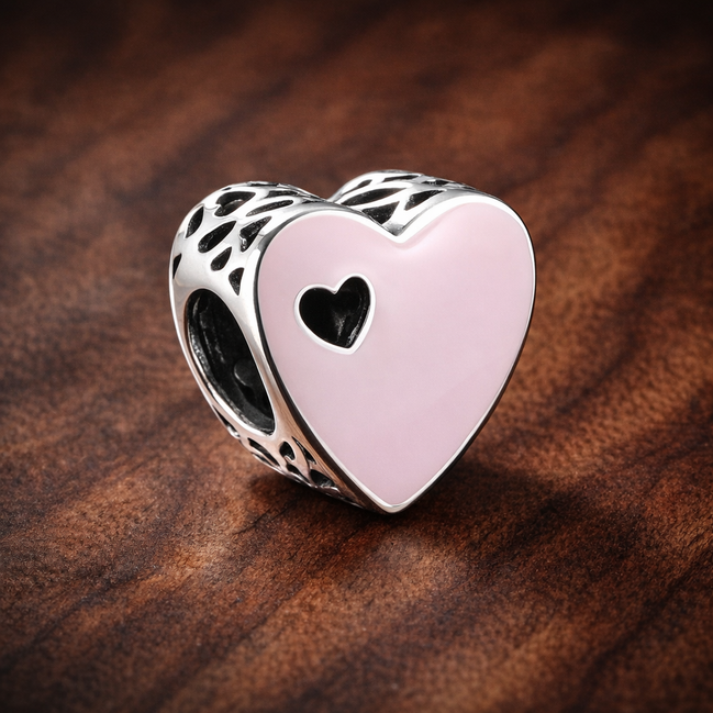 Soft Pink Heart Charm - Pale Pink Heart Bead Charm — display on walnut