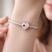 Soft Pink Heart Charm - Pale Pink Heart Bead Charm — worn on wrist