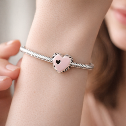 Soft Pink Heart Charm - Pale Pink Heart Bead Charm — worn on wrist