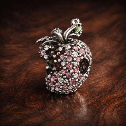 Pink Strawberry Charm - Pink Crystal Strawberry Charm — display on walnut