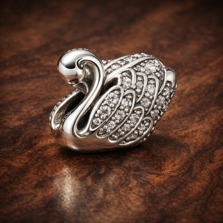 Silver Swan Charm - Silver Swan Sparkle Charm — display on walnut