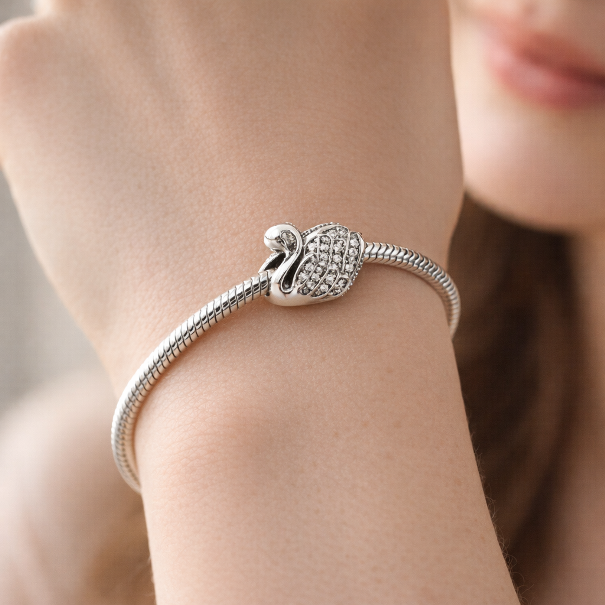 Silver Swan Charm - Silver Swan Sparkle Charm — worn on wrist