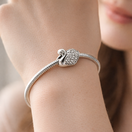 Silver Swan Charm - Silver Swan Sparkle Charm — worn on wrist