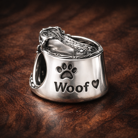 Woof Dog Bowl Charm - Dog Bowl Woof Charm — display on walnut