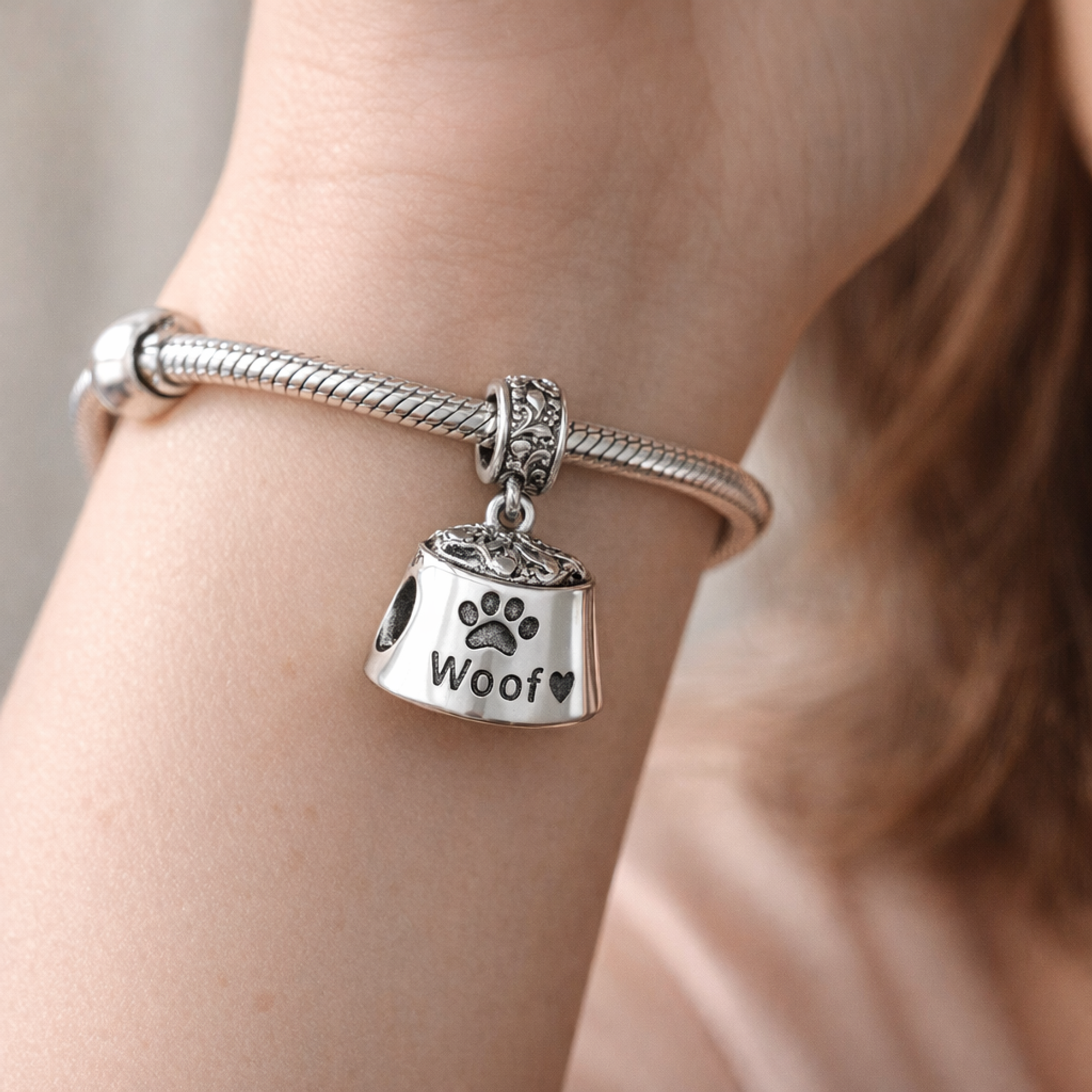 Woof Dog Bowl Charm - Dog Bowl Woof Charm — worn on wrist