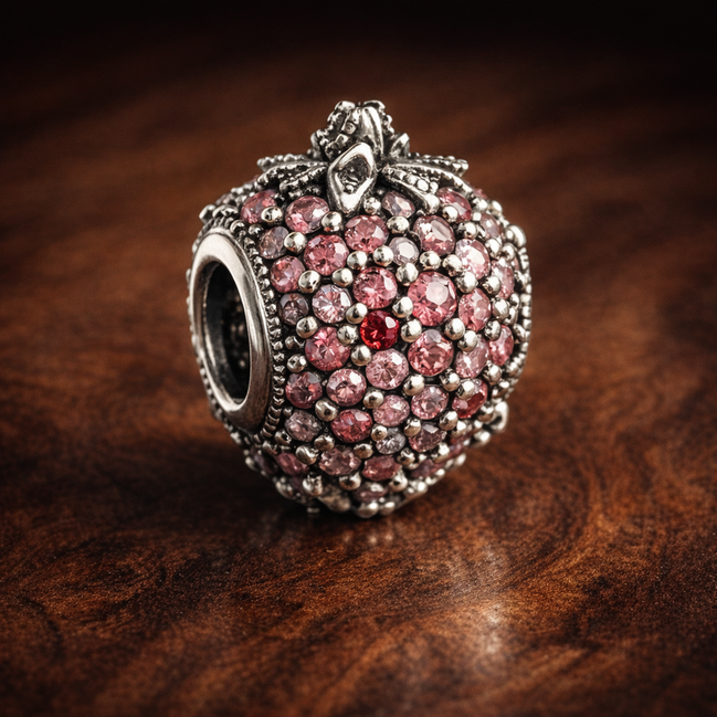 Pink Strawberry Charm - Pink Strawberry Sparkle Charm — display on walnut