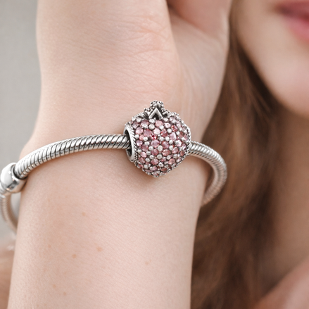 Pink Strawberry Charm - Pink Strawberry Sparkle Charm — worn on wrist