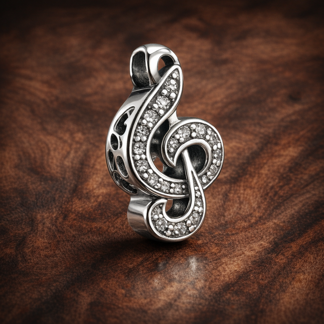 Treble Clef Charm - Silver Treble Clef Music Charm — display on walnut