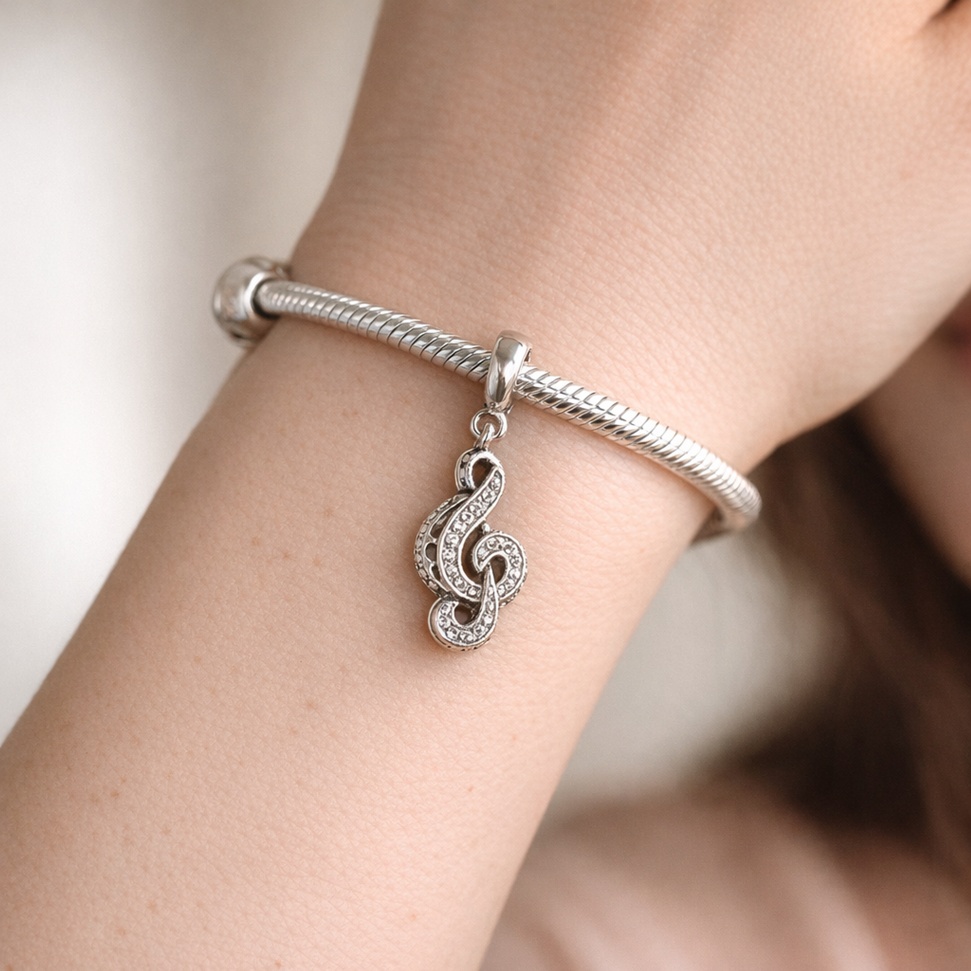 Treble Clef Charm - Silver Treble Clef Music Charm — worn on wrist