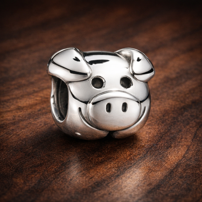 Cow Face Charm - Smiling Cow Face Charm — display on walnut