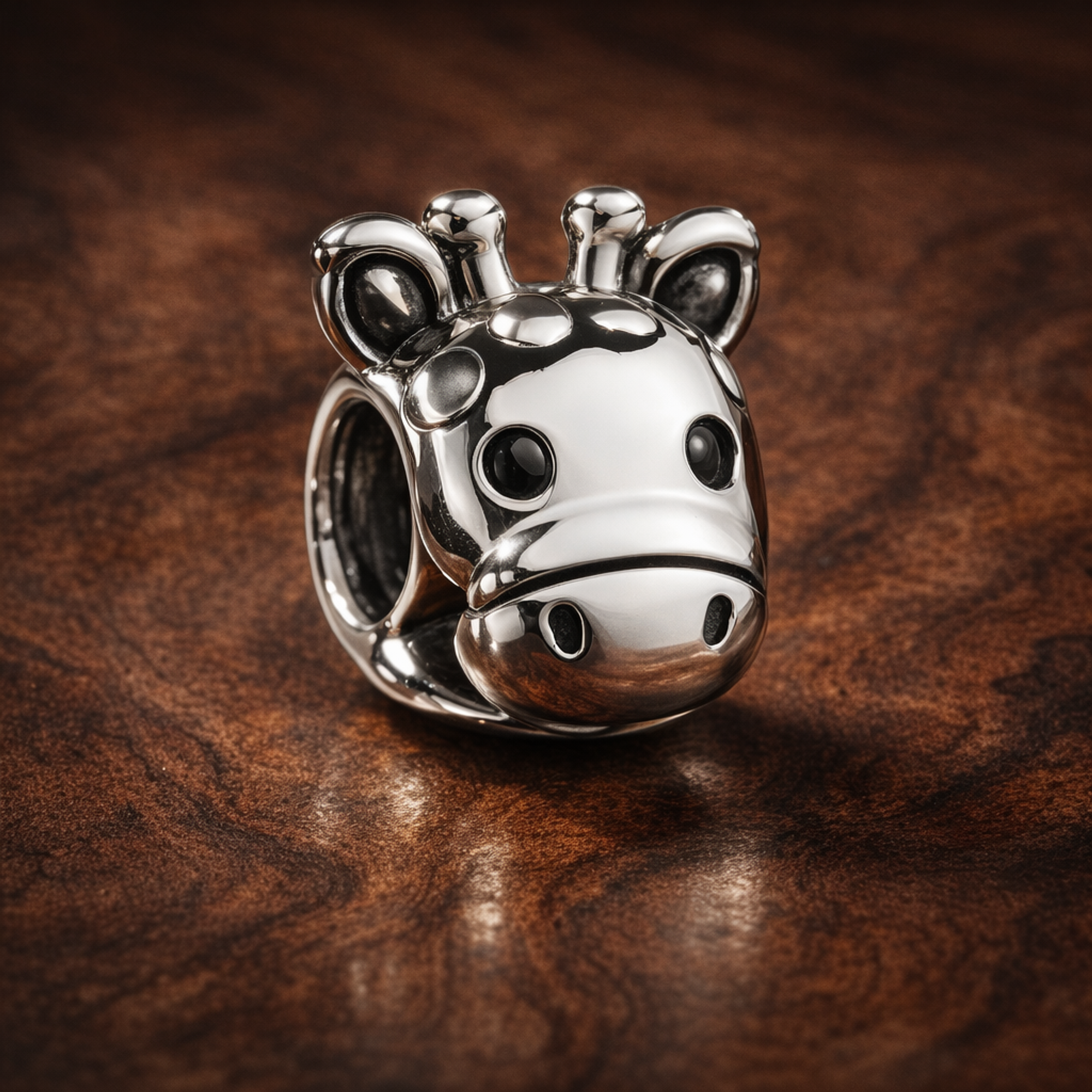 Giraffe Face Charm - Smiling Giraffe Face Charm — display on walnut