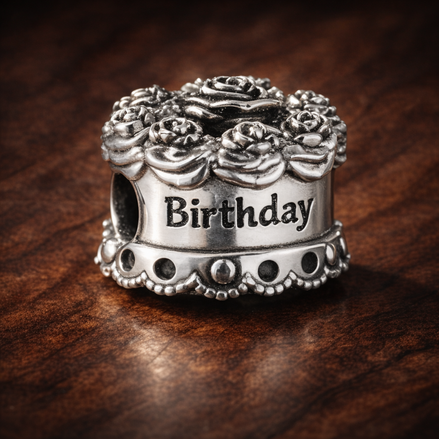 Birthday Cake Charm - Birthday Cake Celebration Charm — display on walnut