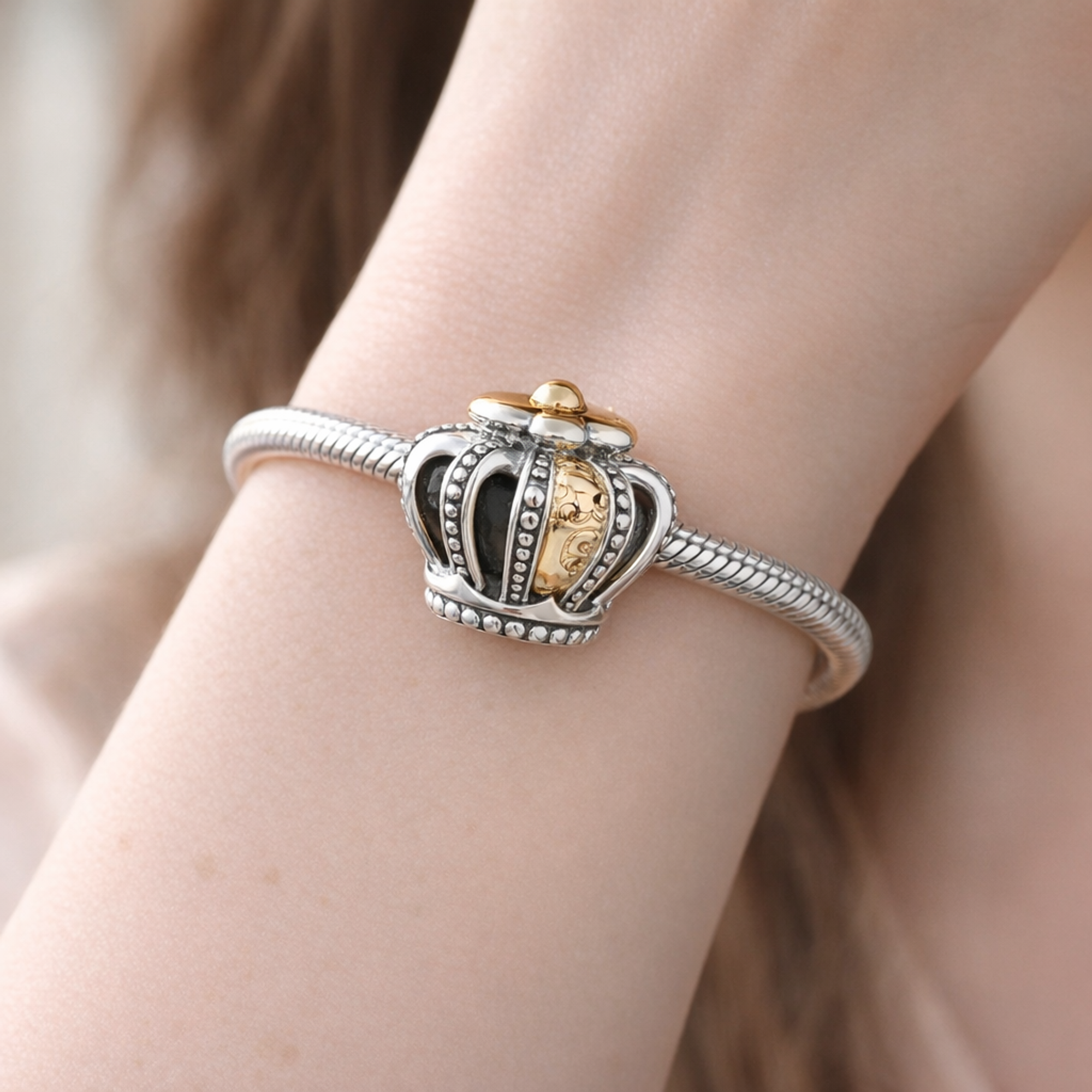 Silver Gold Plated Crown  - Two-Tone Royal Crown Charm — worn on wrist