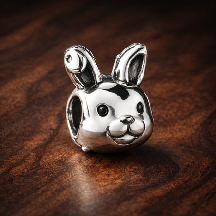 Bunny Face Charm - Silver Bunny Face Charm — display on walnut