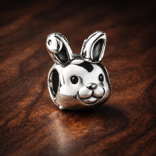 Bunny Face Charm - Silver Bunny Face Charm — display on walnut