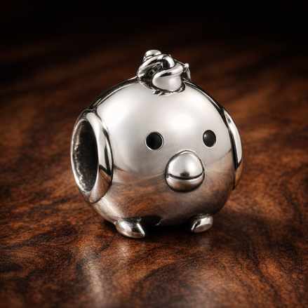 Pig Face Charm - Smiling Pig Face Charm — display on walnut