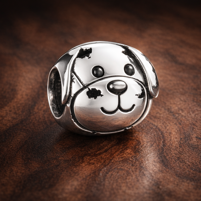 Dog Face Charm - Smiling Dog Face Charm — display on walnut