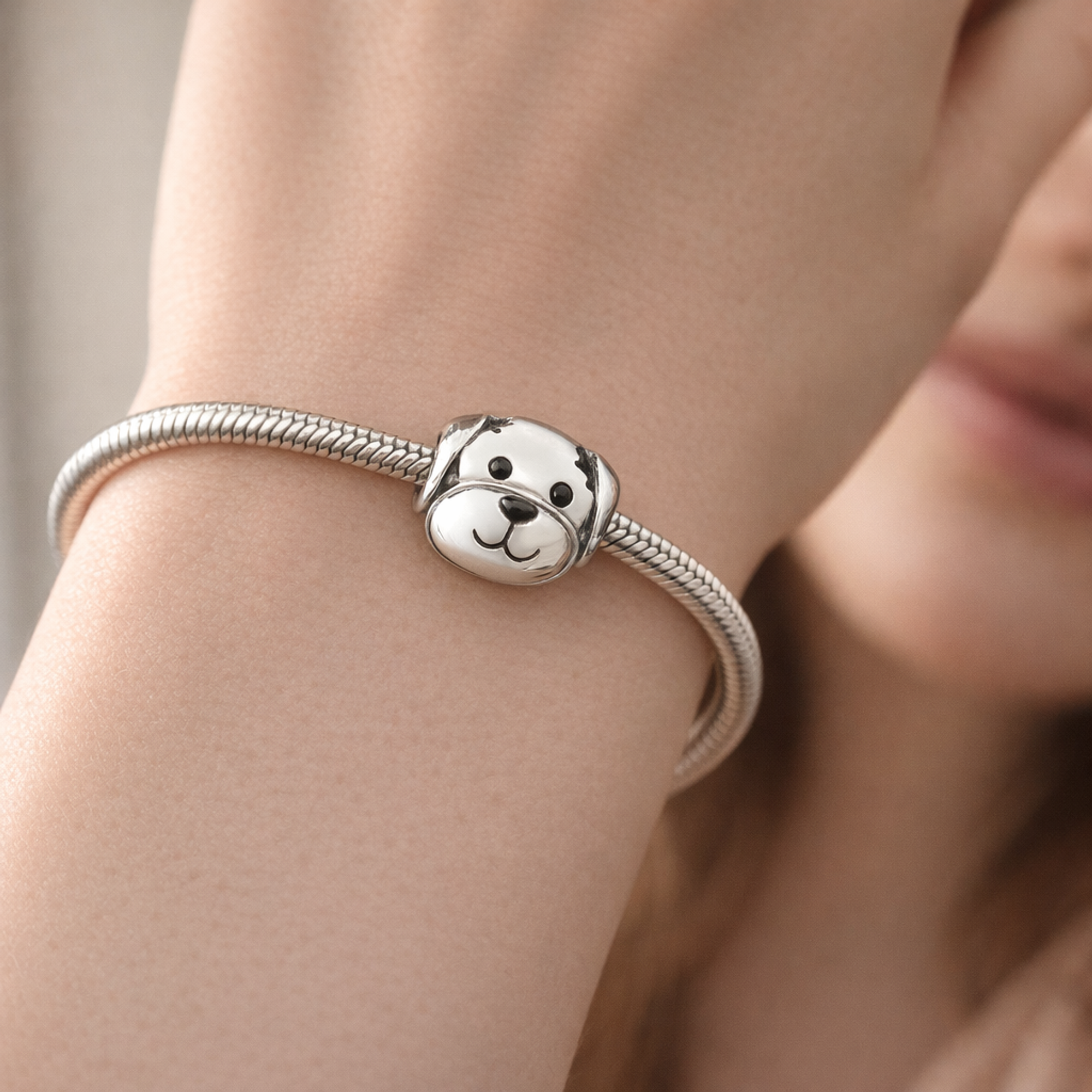 Dog Face Charm - Smiling Dog Face Charm — worn on wrist