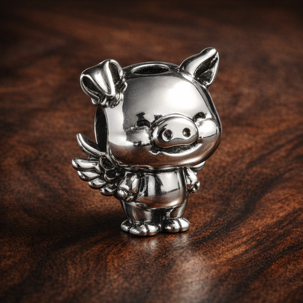 Little Piglet Charm - Piglet-Inspired Tiny Character Charm — display on walnut
