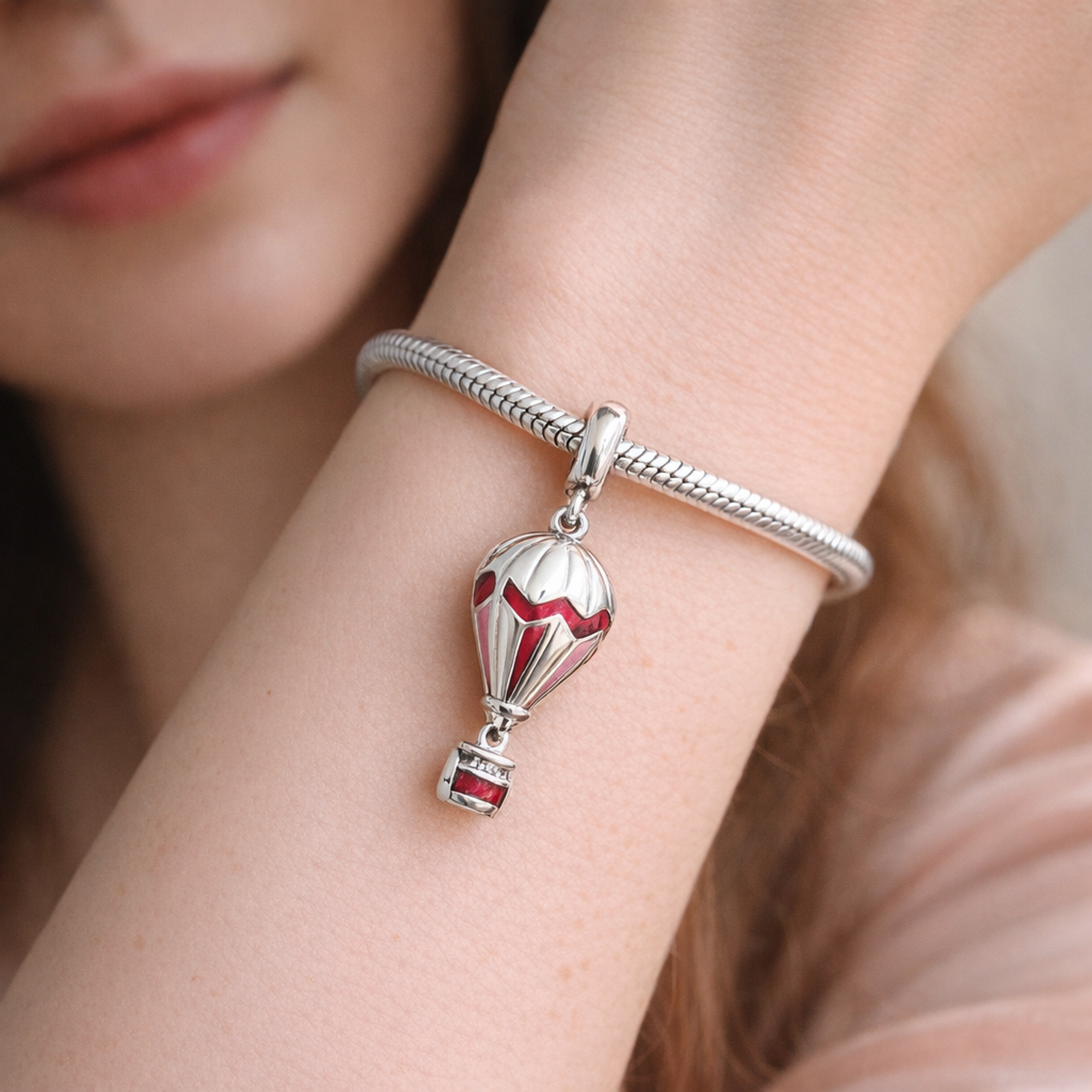 Red Hot Air Balloon Charm - Red and White Hot Air Balloon Charm — worn on wrist