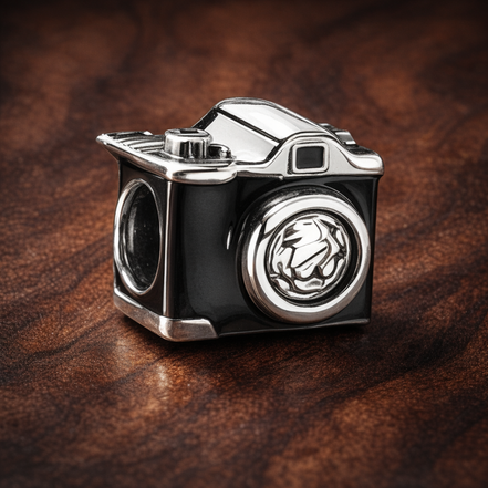 Black Camera Charm - Black Camera Photography Charm — display on walnut