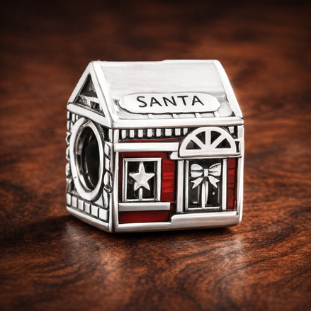 Santa House Charm - Santa Workshop House Charm — display on walnut