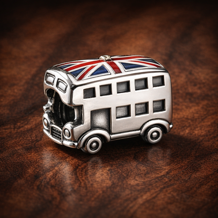 London Bus Charm - Union Jack Double Decker Bus Charm — display on walnut